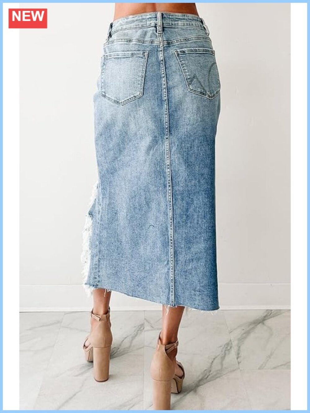 Ripped Distressed Stretch Denim Maxi Skirt High Low Hem Bodycon - Picture 2 of 6